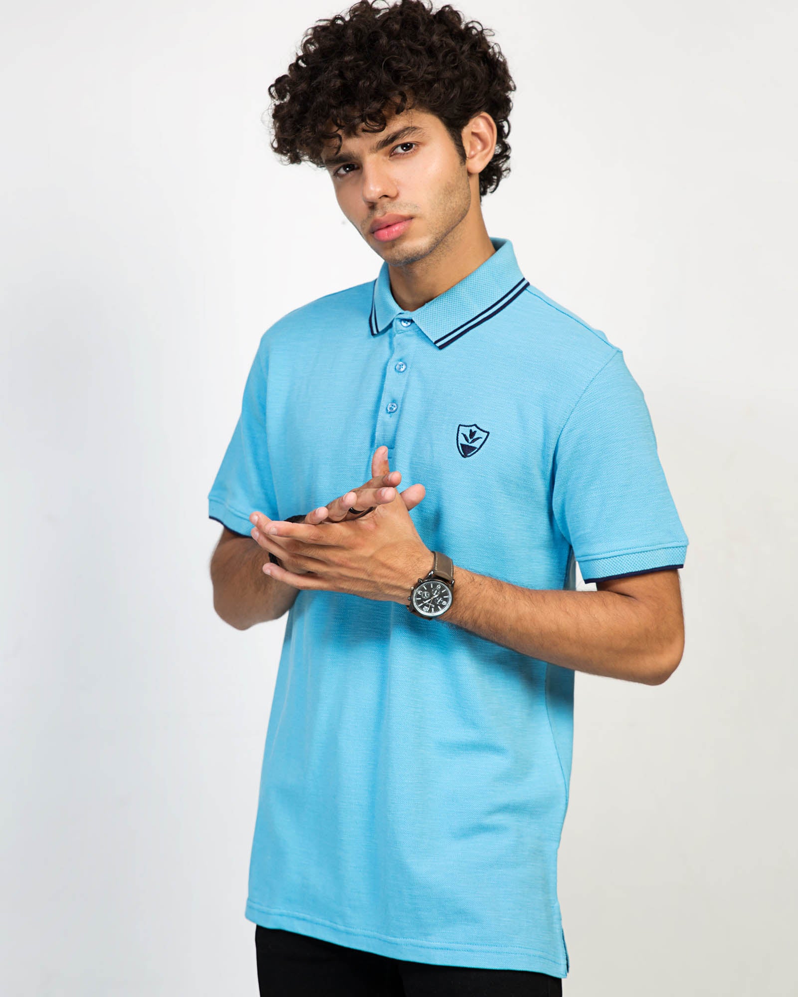 ADAM Sky Blue Tipping Collar Logo Polo – Double-Dyed Cotton, Regular Fit, Chest Logo
