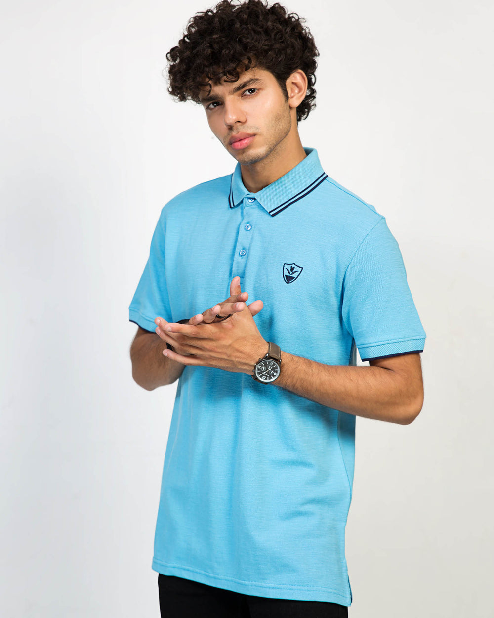 ADAM Sky Blue Tipping Collar Logo Polo – Double-Dyed Cotton, Regular Fit, Chest Logo