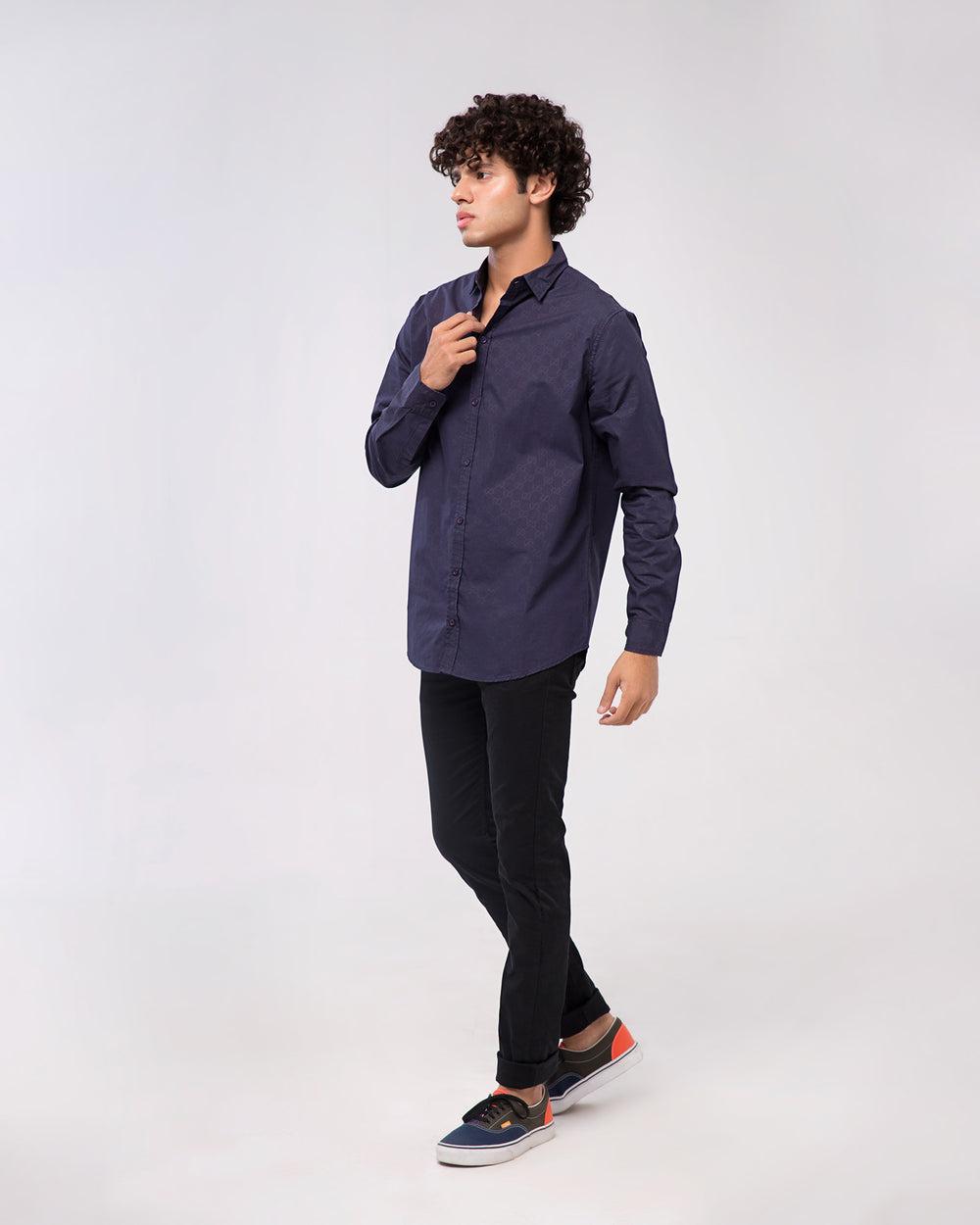 NAVY SELF PRINTED CASUAL SHIRT CASUAL SHIRT, COTTON, Male, MEN, SUMMER 2021 - Adam Clothing