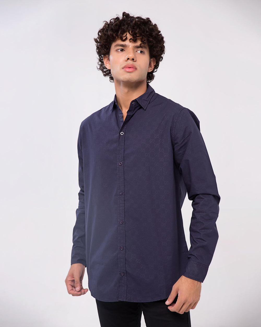 NAVY SELF PRINTED CASUAL SHIRT CASUAL SHIRT, COTTON, Male, MEN, SUMMER 2021 - Adam Clothing