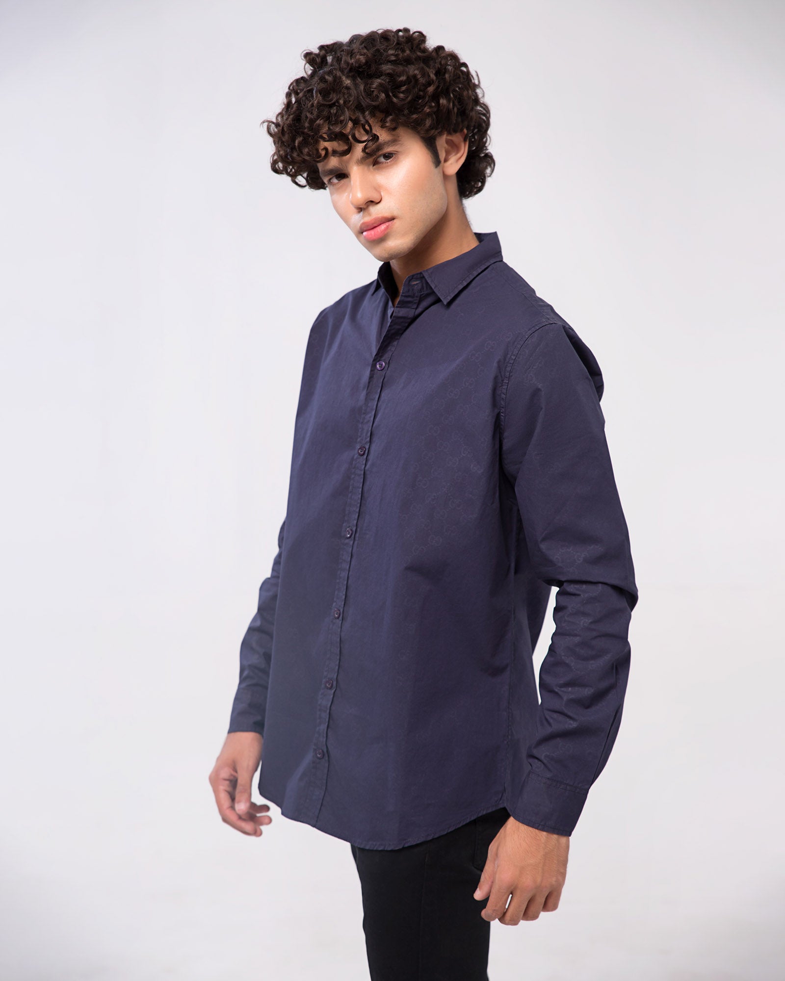 NAVY SELF PRINTED CASUAL SHIRT CASUAL SHIRT, COTTON, Male, MEN, SUMMER 2021 - Adam Clothing