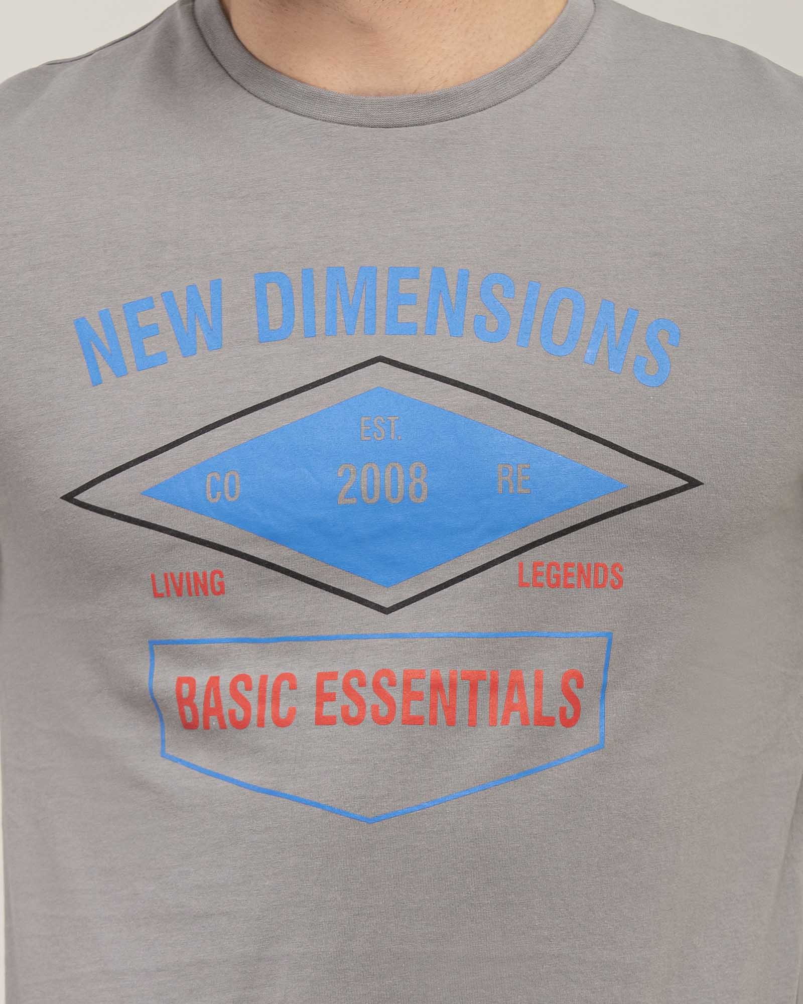 Close-up of New Dimensions graphic print on grey cotton tee – ADAM Clothing