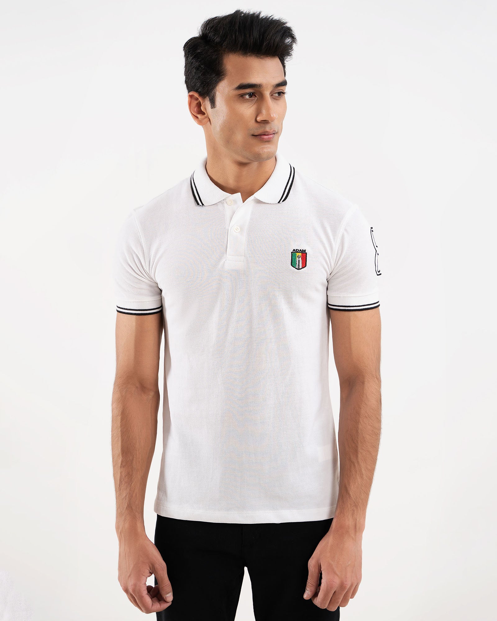 ADAM white tipping collar polo shirt for men — slim fit, breathable fabric, contrast collar trim