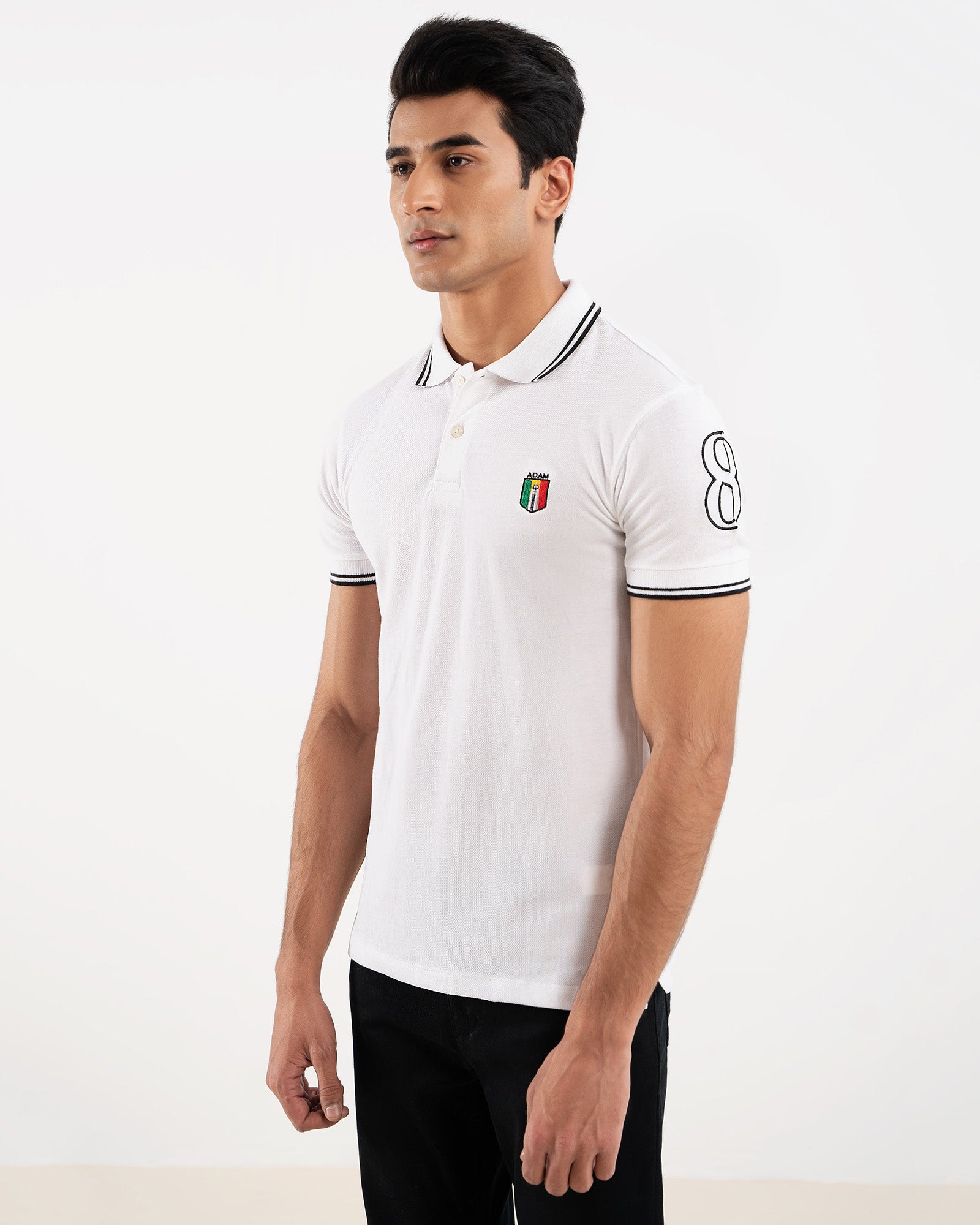 Men wearing white ADAM tipping collar polo with chinos — smart casual outfit Pakistan
