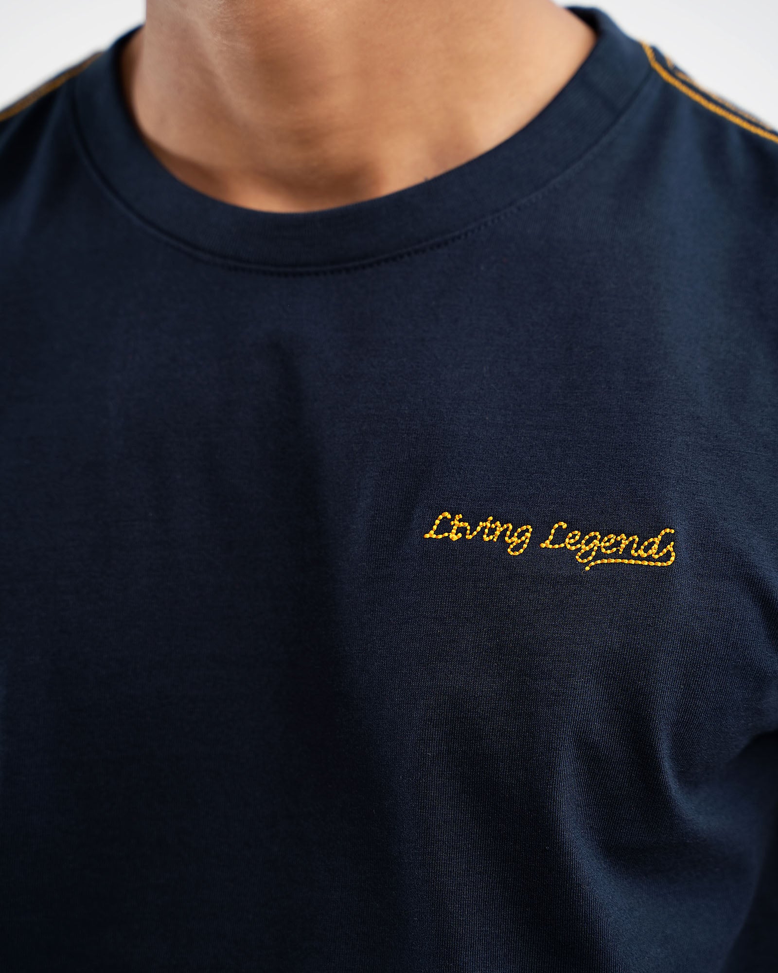 Navy Blue T shirt | living legend embroidery t shirt | menswear | image 4 | close up