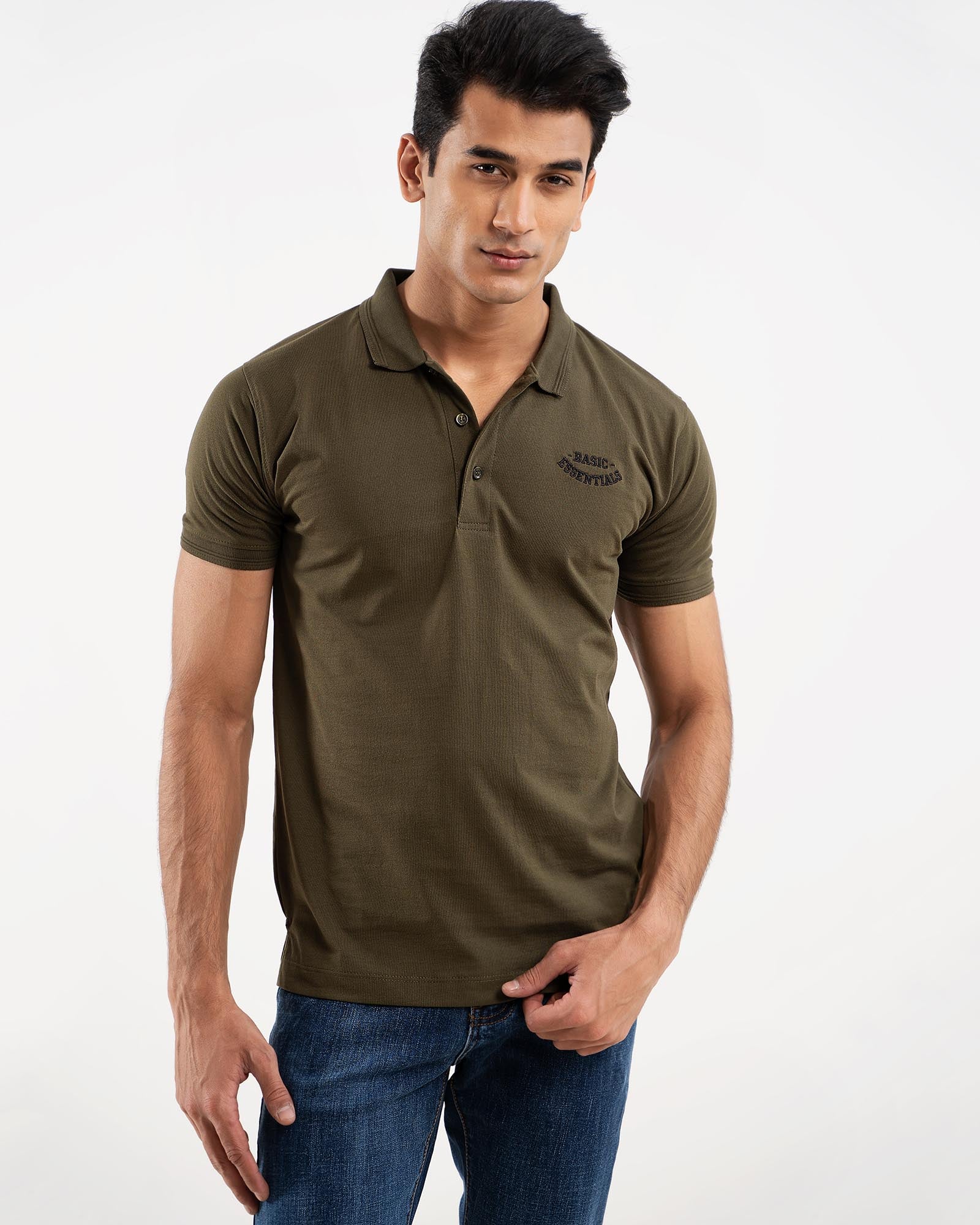 BASIC ESSENTIALS EMBROIDERY OLIVE PLIAN POLO