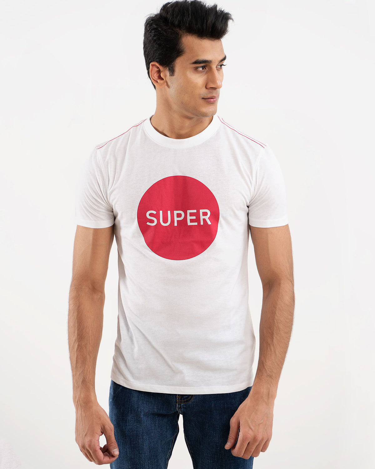 Man in white t-shirt with red SUPER circle logo, front view, 