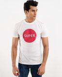 Man in white t-shirt with red SUPER circle logo, front view, 