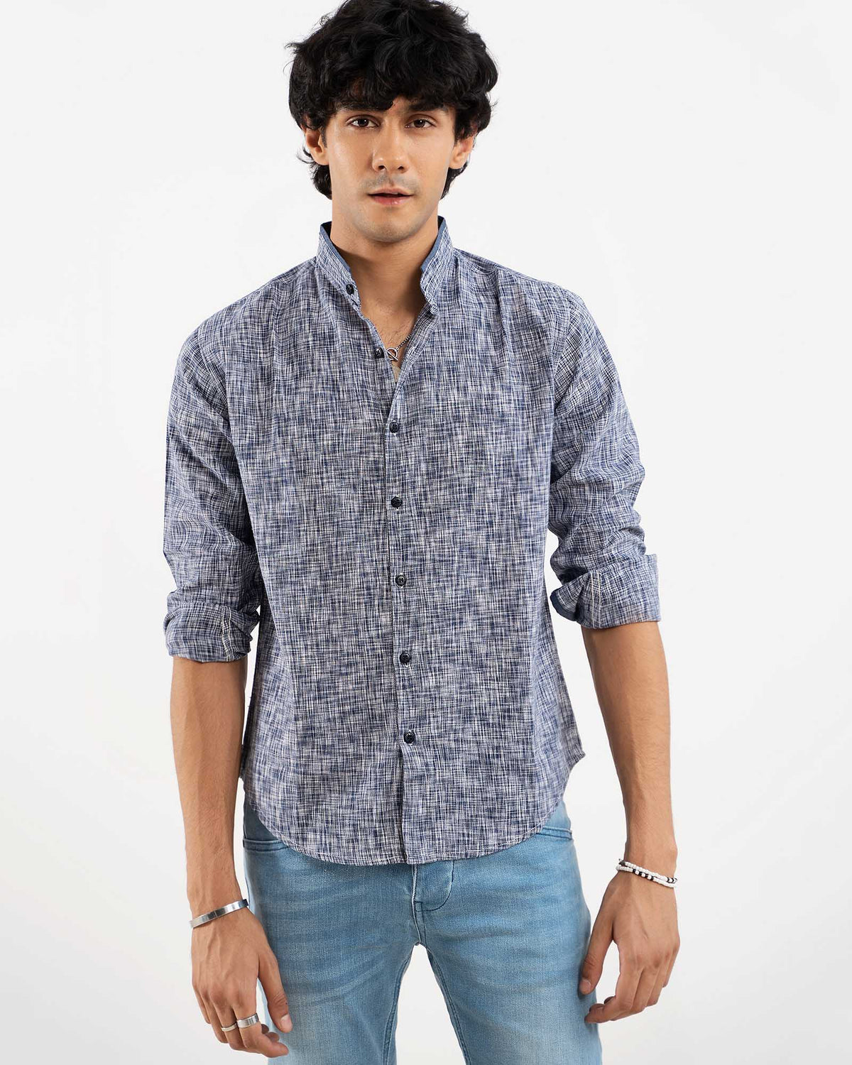 Blue Textured Cotton Casual Shirt for Men