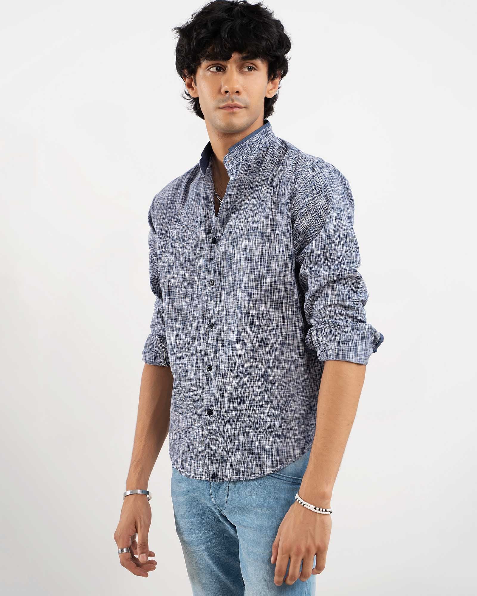 Blue Textured Cotton Casual Shirt for Men