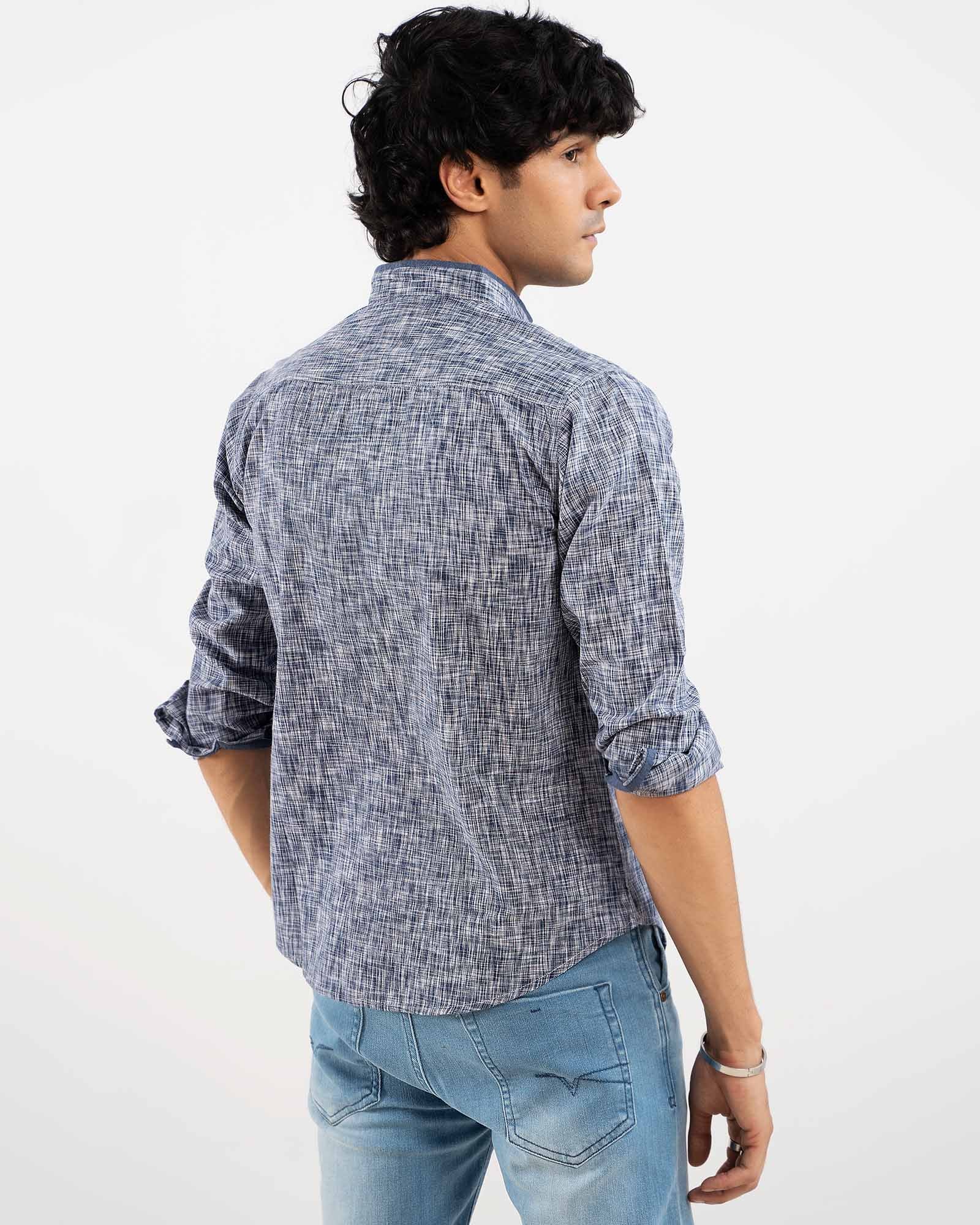 Blue Textured Cotton Casual Shirt for Men