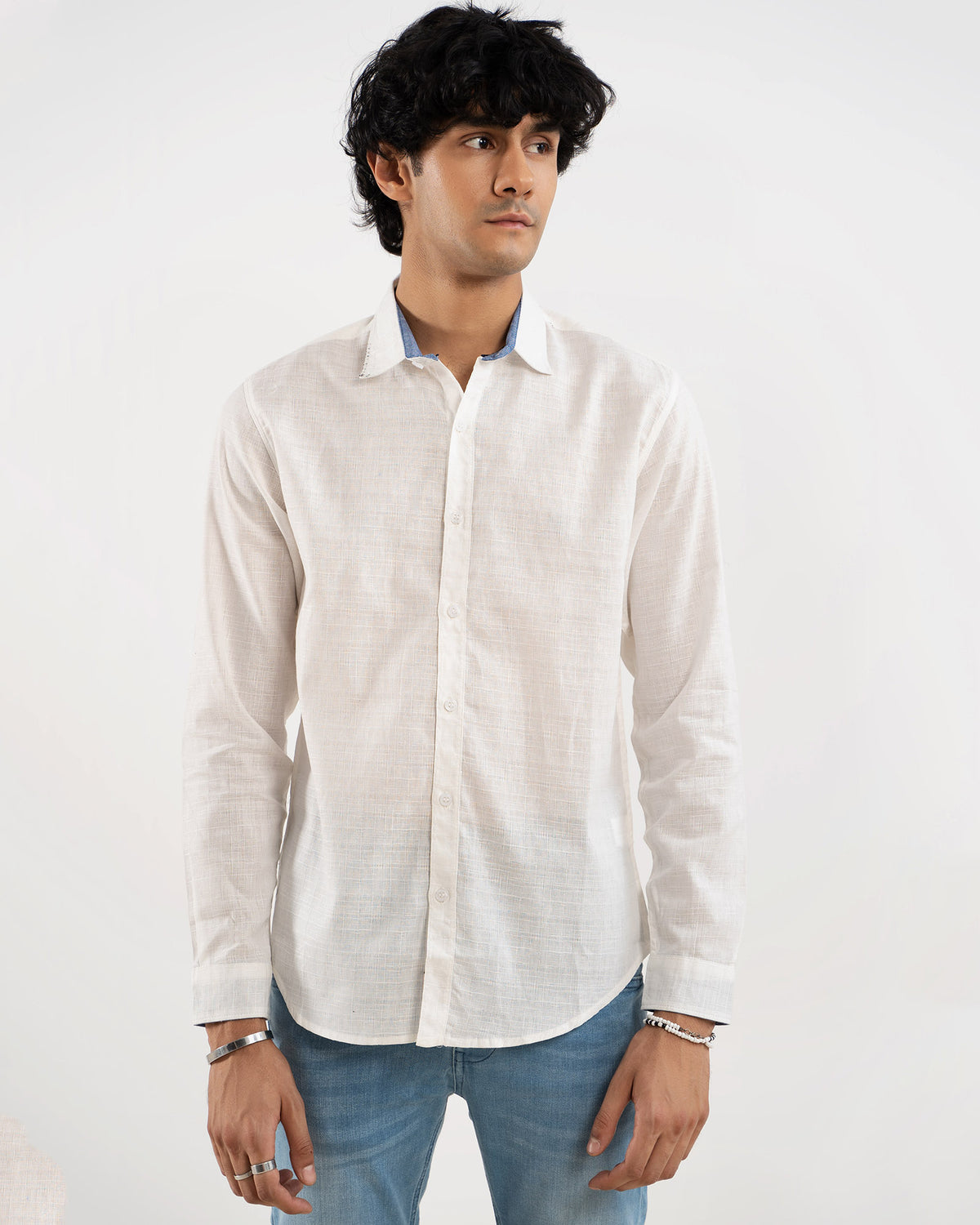 Slub Injected White Casual Shirt for Men
